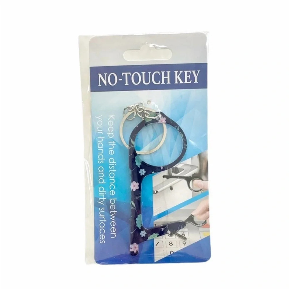 No-Touch Key and Door Handle Opener Keychain Navy Blue Floral Print Design